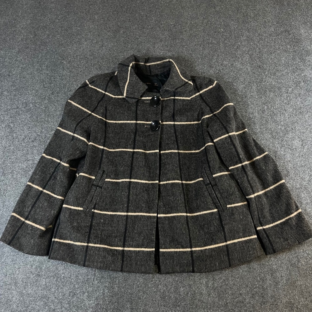 Zara Basic Womens Grey Plaid Wool Blend Swing Coat Jacket Size S Pleated Back